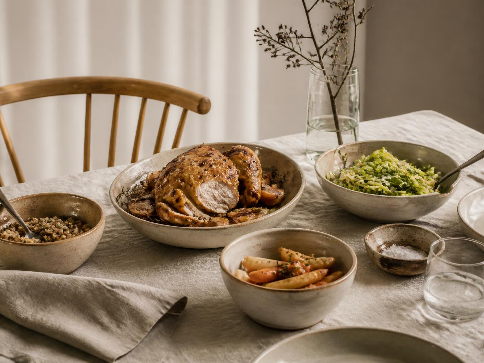 A simple family dinner of roast chicken, grains and vegetables served in stoneware bowls